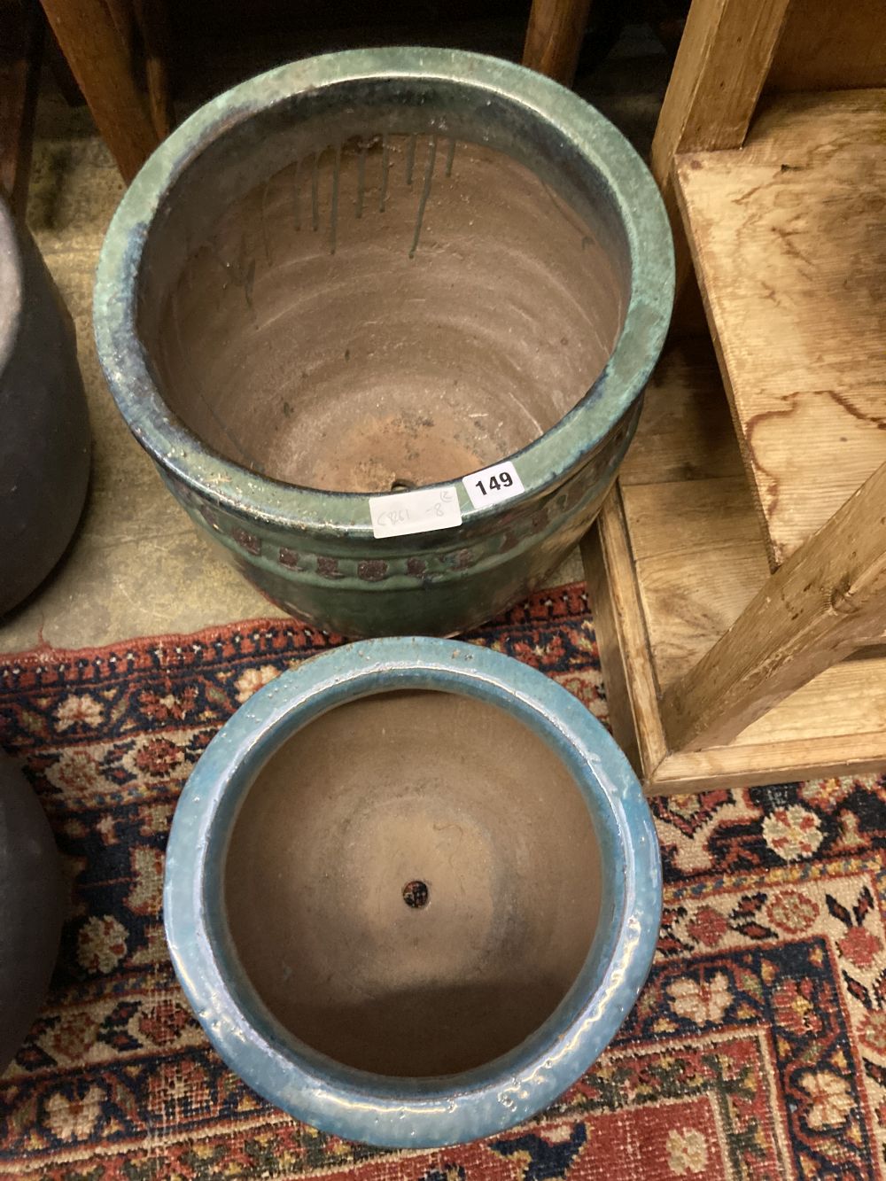 Two glazed earthenware garden planters, largest diameter 37cm